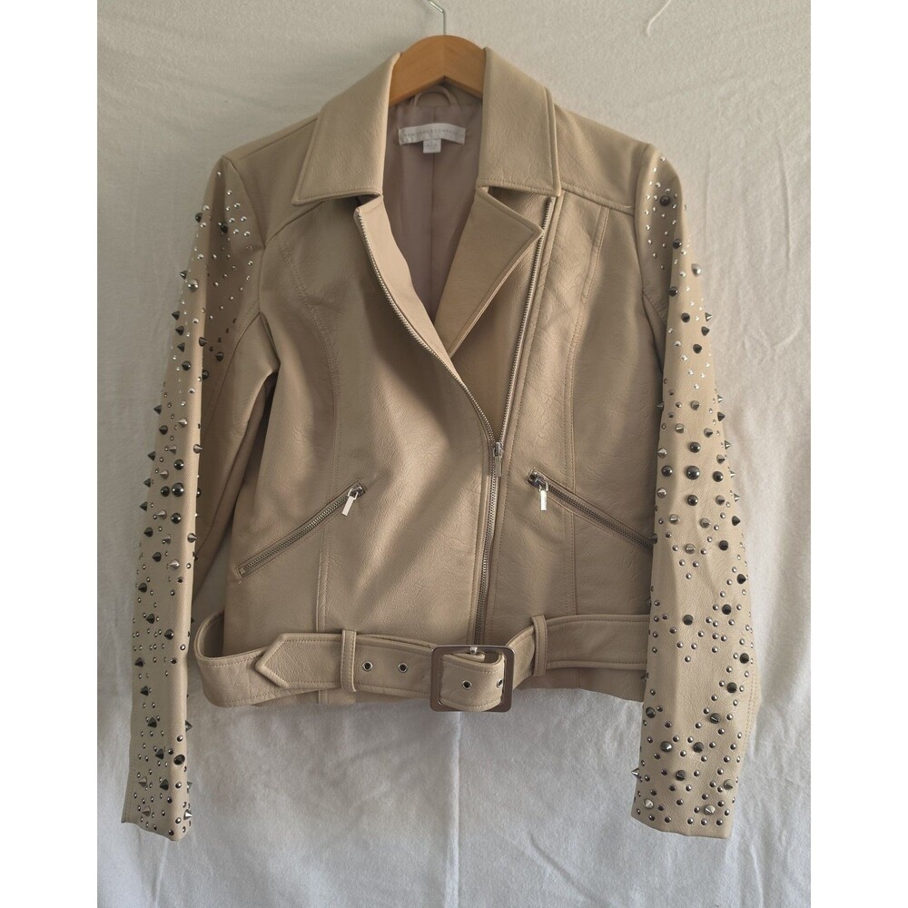 Beige Studded Moto Motorcycle Jacket With Belt Size Medium